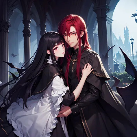 (absurdress, hight resolution, overdetalization), 2Others, couple, 1 male thief and 1 female princess, Mature, height difference, Different hair color, a happy, Love, Cuddling, upper-body, hairlong, black hair and red hair, Fantasy, night garden, Nocturnal...