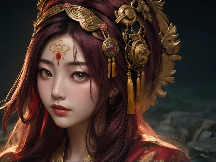 (close-up editorial full color photograph of a ((Chinese Tibetan girls face, flowing hair, burgundy hair, Onsen District, Yao Lang protector, python pattern robe, Black gold master Kawashima work ((elaborate headdress))))), (highly detailed face:1.4), back...