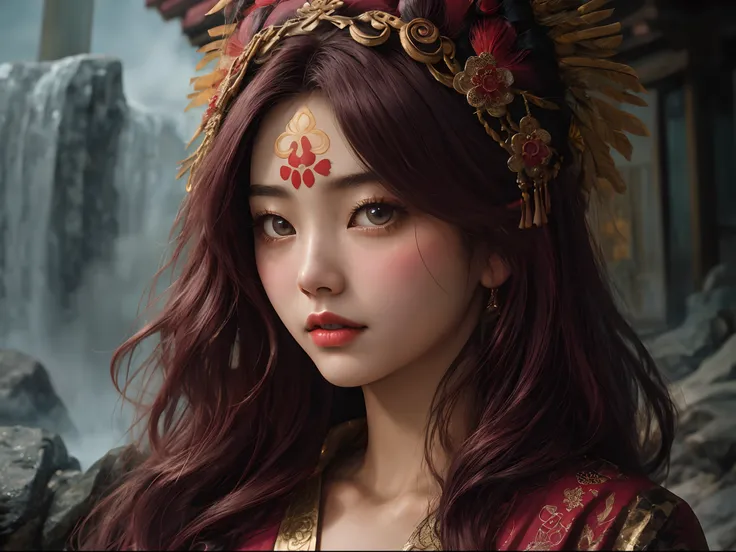 (close-up editorial full color photograph of a ((Chinese Tibetan girls face, flowing hair, burgundy hair, Onsen District, Yao Lang protector, python pattern robe, Black gold master Kawashima work ((elaborate headdress))))), (highly detailed face:1.4), back...