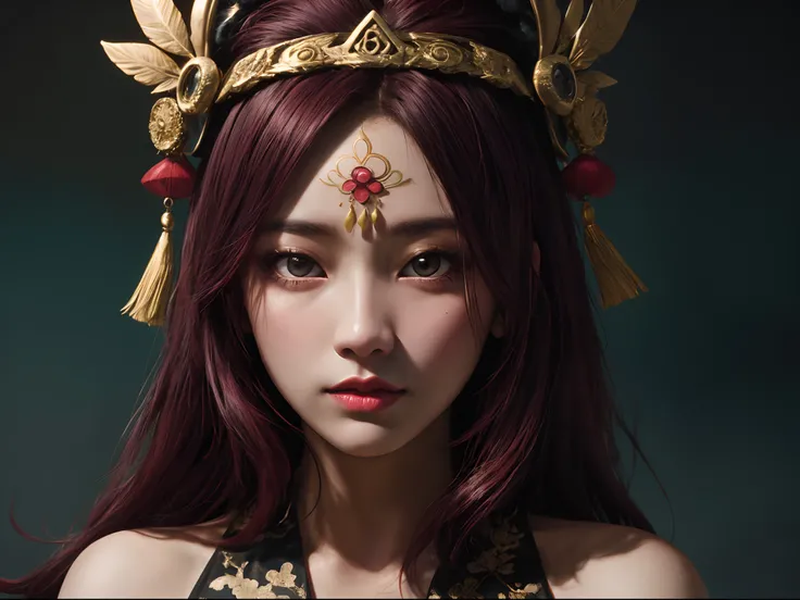 (close-up editorial full color photograph of a ((Chinese Tibetan girls face, flowing hair, burgundy hair, Onsen District, Yao Lang protector, python pattern robe, Black gold master Kawashima work ((elaborate headdress))))), (highly detailed face:1.4), back...