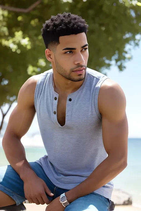 high quality handsome light skin mixed race man with short hair, looking at the horizon