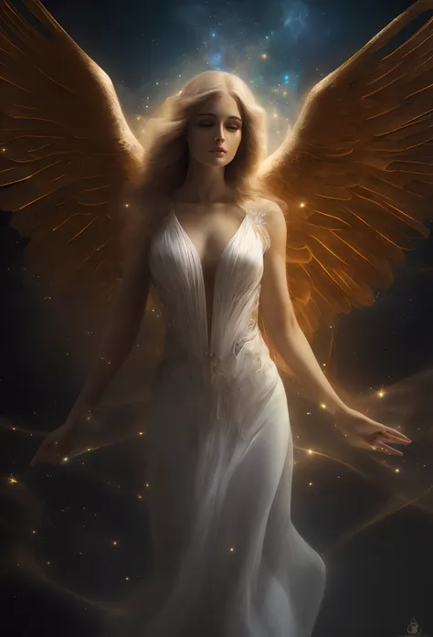 anjo de luz, ajas grandes, mulher bela, cabelos longos, vestido leve branco, rosto perfeito, fundo da imagem celestial, Cideral space, corpo inteiro