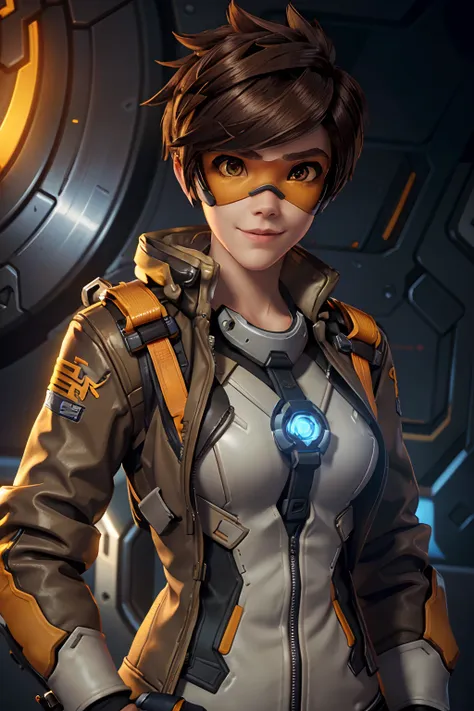 tracerover, 1girl, tracer (overwatch), solo, orange goggles, brown hair, goggles, short hair, spiked hair, brown eyes, upper bod...