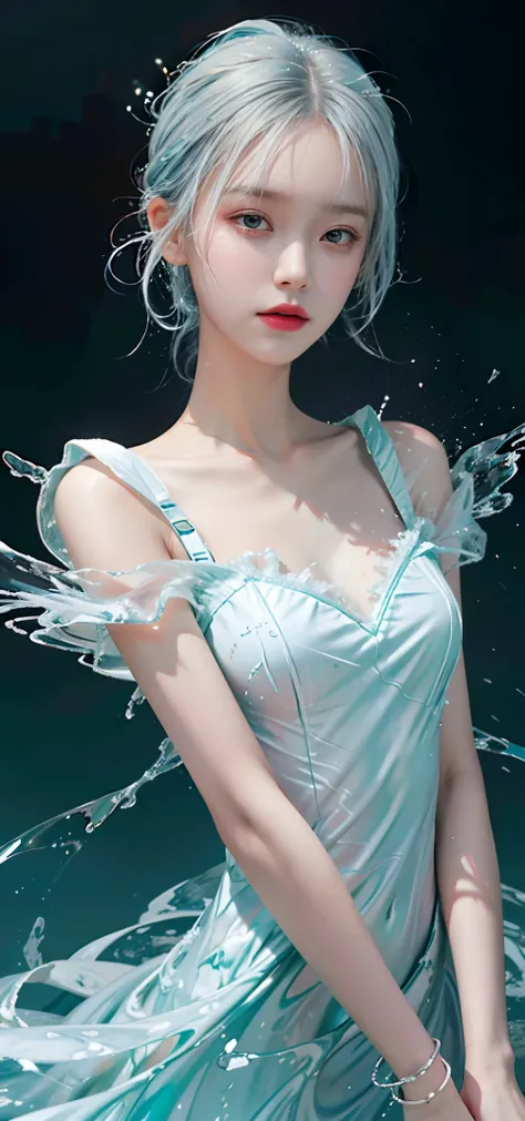 (Masterpiece, Best quality:1.2), 8K, 85mm, RAW photo, absurderes, White and cyan theme, (liquid clothes, Liquid dress:1.4), White hair, gradient dress, Delicate girl, Upper body, close-up face, Shiny skin, Married Woman, view the viewer, hdr, Sharp focus, ...