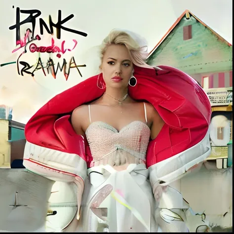 blond blond woman in a white dress and red jacket standing in front of a green building, trauma, pink iconic character, drama, 2018, 2 0 1 8, colored album art, punk album cover, phonk album cover, heartbreak, album, pinks, ((pink)), featuring pink brains,...