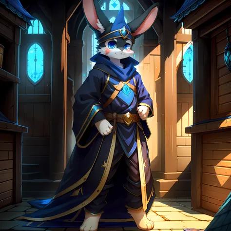 masterpiece, solo, 1boy, Furry, kemono, furry rabbit, anthropomorphic, male, black fur, black skin, blue eyes, blue wizard robes, fantasy town in the day, femboy, uploaded on e621,