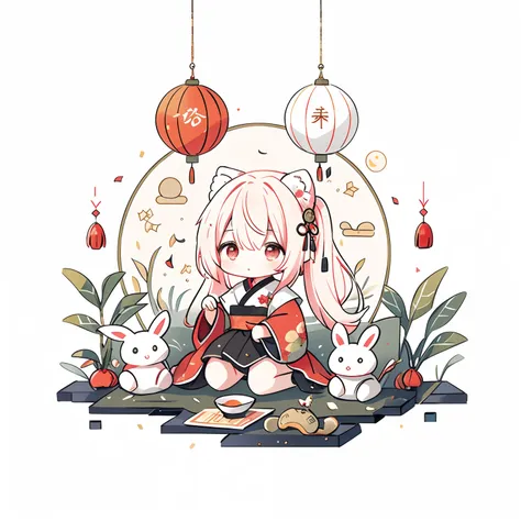 （chibi lori eared rabbit）, sat on the ground, looking up, （（mid-autumn festival atmosphere，sweet osmanthus，kong ming lantern，men...