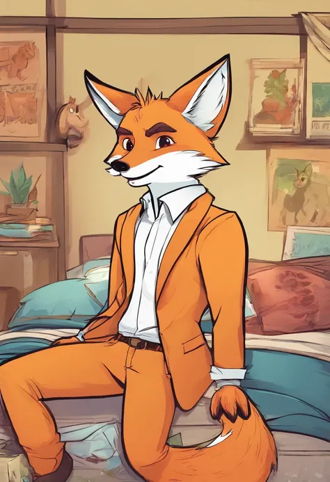 male anthropomorphic furry fox in a cartoon style. setting is a college dorm. the fox is wearing boxer briefs.