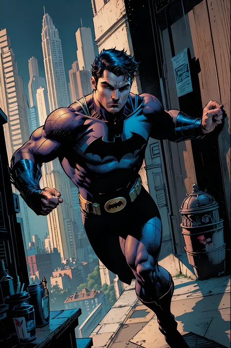 Robin the boy prodigy, filho de Batman ou Bruce Wayne, rebelde, astucioso, forte, jnlclinado to do justice, amante das artes marciais como jiu jitsu, aikido, Kung Fú and others, Estilo desenho da DC COMICS, The Dark City.