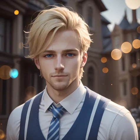 Portrait of a man, 27-years old, blond hair, wearing a white shirt, wearing blue sweater vest, wearing striped tie, wearing jeans, outside victorian mansion, raytracing, depth of field, particle effects, bokeh, high resolution