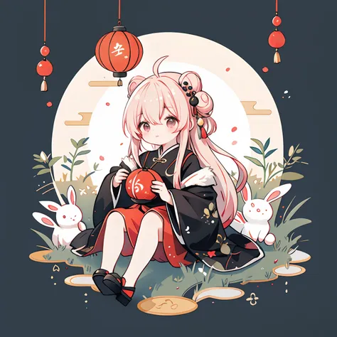 （chibi lori eared rabbit）, sat on the ground, looking up, （（mid-autumn festival atmosphere，sweet osmanthus，kong ming lantern，men...