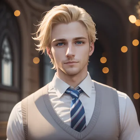 Portrait of a man, 27-years old, blond hair, wearing a white shirt, wearing blue sweater vest, wearing striped tie, wearing jeans, outside victorian mansion, raytracing, depth of field, particle effects, bokeh, high resolution