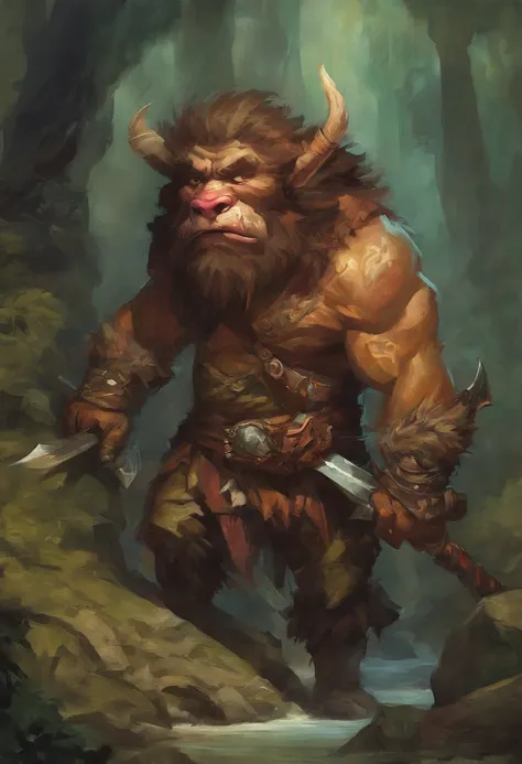 There is a painting of a cyclops with a sword , croquemitaine, Ranger Bugbear, Unleashed bear, Epic color illustration, Grog Strongjaw, Barbarian Goliath dressed in fur, un druide,, Tyler Edlin Fantasy Art, Troll, Style artistique humblewood, Illustration ...