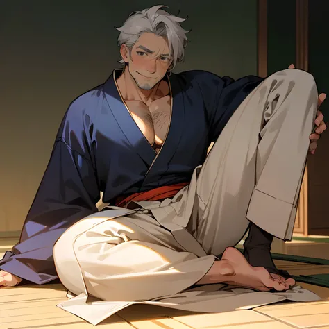 (highres:1.2),handsome ((older)) middle aged man,sexy,casual kimono,sitting on the floor drinking sake from a sake cup,warm smile,blushing,(drawn anime), stubble, (wrinkles:1.2), swept-back gray hair, perfect detailed eyes, hairy body, gray body hair, vivi...