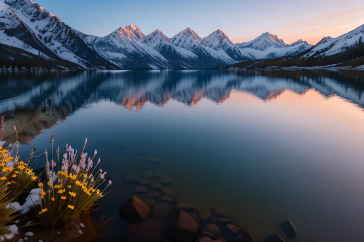 snow peaks of a mountain at dusk, the reflection of the peaks can be seen in the water of a lake at the foot of the mountain. gr...