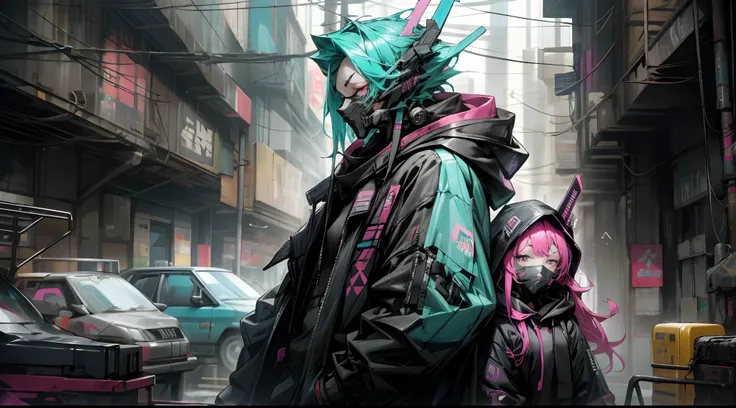 There was a boys and girla wearing a mask and a black hoodie，With a knife in his hand, Hyper-realistic cyberpunk style，Digital cyberpunk anime style，cyan and magenta colors