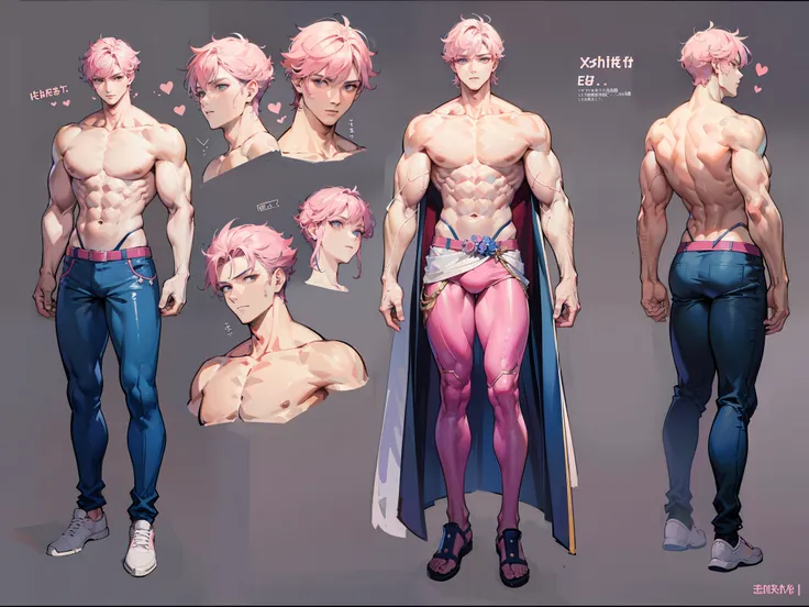 ((Masterpiece, Highest quality)), Detailed face, character design sheet， full bodyesbian, Full of details, frontal body view, back body view, Highly detailed, Depth, Many parts, Muscle boy with pink hair，handsome man, navy, commander, man tall, pectoral mu...