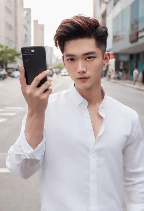 Asian male pretty face, perfect face high-quality, hyper realistic, holding a phone taking a selfie wearing a white shirt walking on the street