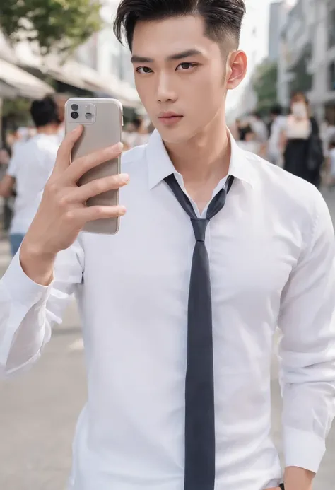 Asian male pretty face, perfect face high-quality, hyper realistic, holding a phone taking a selfie wearing a white shirt walking on the street