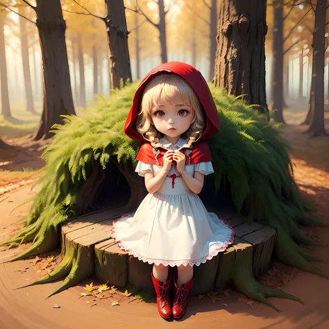 ​masterpiece、top-quality、ultra-detailliert、(Chibis Daughter Chara:1.2)(Little Red Riding Hood:1.5),(White Dress:1.3)Red braided boots、(Chibi Chara Wolf:1.3)、Fairytale autumn forest、Sit on a stump