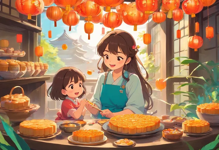 The whole family eats mooncakes together during the Mid-Autumn Festival，daddy，Mom and child laugh together，Cartoon picture Normal background, A beautiful artwork illustration, Colorful illustration, colorful kids book illustration, Colorful illustrations, ...