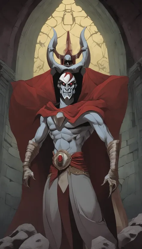 In the gloomy depths of a sinister castle, amid the eerie echoes of chants long forgotten, the sinister antagonist Mumm-Ra from ThunderCats undergoes a spine-chilling transformation. As a storm rages outside, casting frantic shadows on the ancient stone wa...