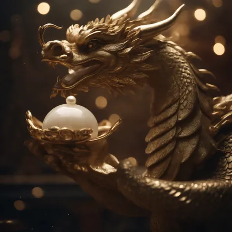 chinese celestial wise dragon holding "Pearls of Creation" in one claw, rabbit in boon in a hybrid techno-classical style