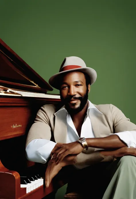 Marvin Gaye Black singer Marvin Gaye was one of the most influential and successful artists in the history of R&B, With his traditional white burrow on his head, sitting in front of the piano, he wears a red sweater and white hat, poses for a photo;, Marvi...