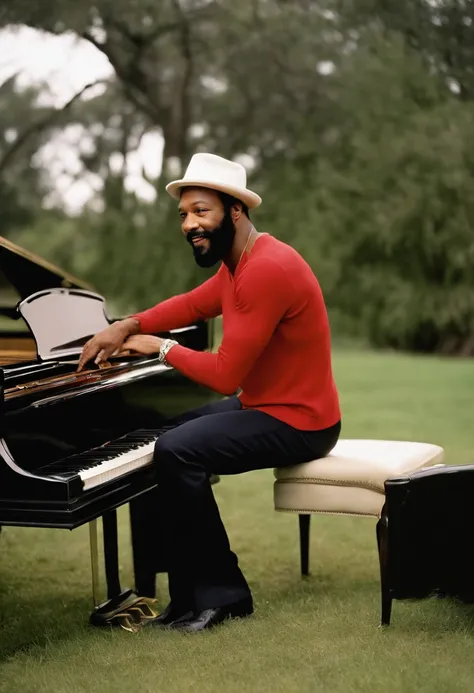 Marvin Gaye Black singer Marvin Gaye was one of the most influential and successful artists in the history of R&B, With his traditional white burrow on his head, sitting in front of the piano, he wears a red sweater and white hat, poses for a photo;, Marvi...