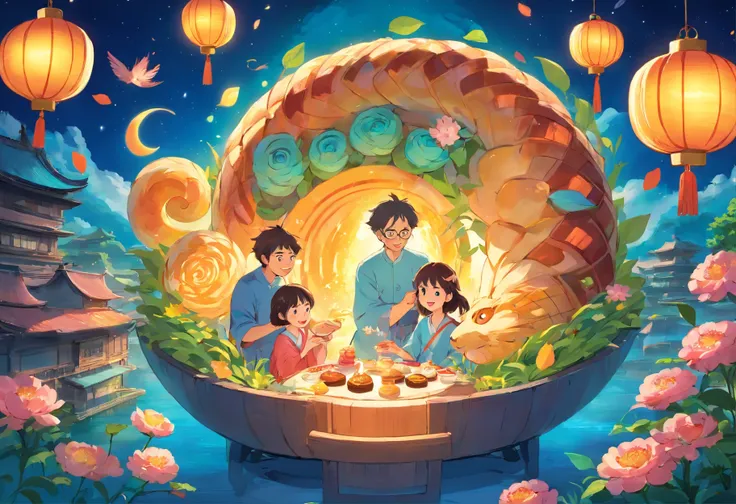 The whole family eats mooncakes together during the Mid-Autumn Festival，Mom and dad laugh with their children，Cartoon picture Normal background,natta，Big Moon A beautiful artwork illustration, Colorful illustration, colorful kids book illustration, Colorfu...