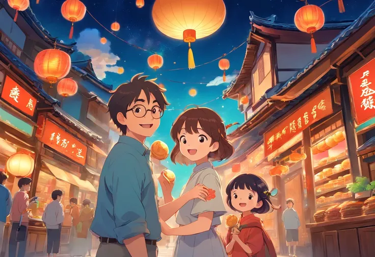 The whole family eats mooncakes together during the Mid-Autumn Festival，Mom and dad laugh with their daughter，Cartoon pictures Normal background,natta，Big Moon Beautiful artwork illustration, Colorful illustration, colorful kids book illustration, Colorful...