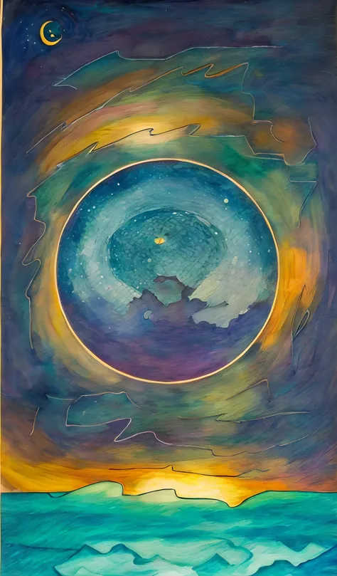 Surrealistic landscape, watercolor, origami and a bailarina, colored swans around the circle; inner circle a starry night