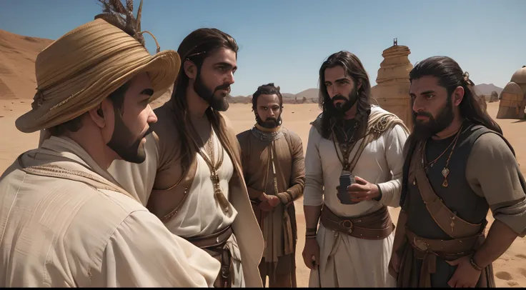 many men, fotografia, retrato biblico de moises conversando com muitos homens da sua tribo em duna, com moises no centro do circ...