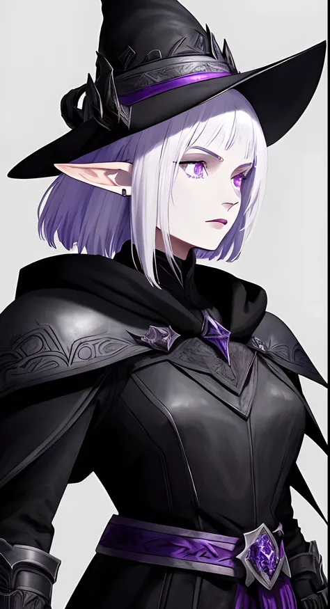 Female, Elf, Warrior, Heavy Leather Armor, Metalic Details, Intricate Details, Pale Skin, Pointy Ear, Short White Hair, Purple Pupils, Light Purple Skin, Black Mage Hat, Pointy Hat, Black Sword, Full Armor, Heavy Armor, Leather Armor, Black Robes, Warrior ...