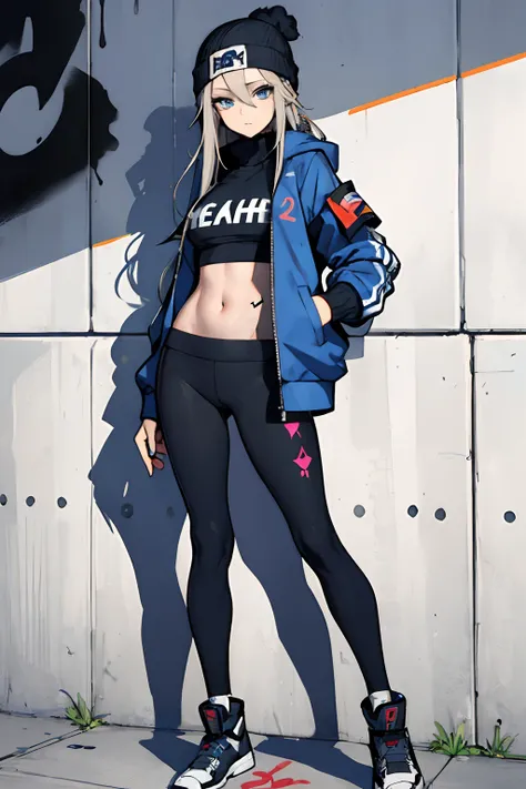 (masterpiece:1.2, best quality), (graffiti wall:1.2), 1lady, beanie, jacket, Leggings, blue eyes, fullbody,