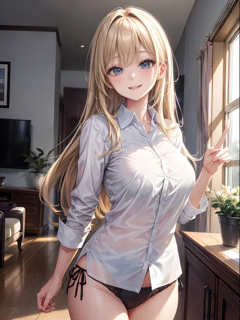 top-quality、Full limbs、complete fingers、One beautiful woman、Beautiful Large Breasts、((straight haired、blondehair))、((White collared shirt、Ha is just、Black panties))、A big smile、Living room at home、is standing、sexypose