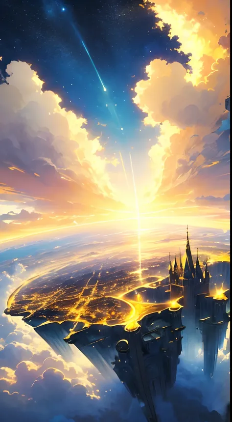 heaven, sared city on clouds, a city on the heavens, a city in the sky, golden houses, ground of clouds, beautiful sky, gorgeous sky, fantasy, landscape, impossible, good vibes, happy emotions, high fantasy style