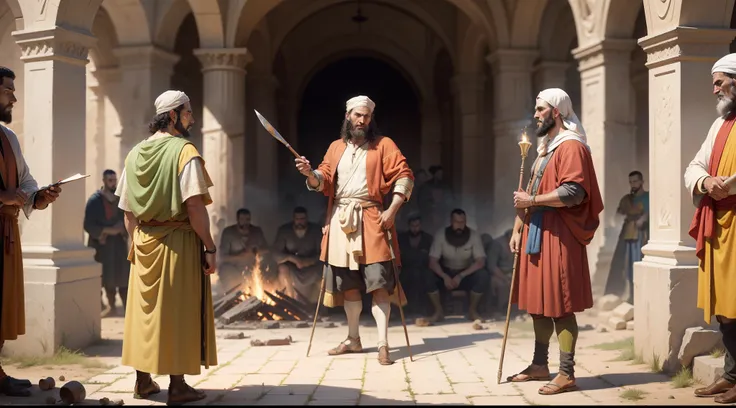 a painting of a group of men standing around a fire, painting of goliath, historical artistic depiction, by Carl Eytel, biblical painting, traditional art, colchians painting, by János Saxon-Szász, by Gilberto Soren Zaragoza, epic biblical depiction, artis...