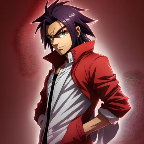 personagem masculino, Sonic-looking, but red wearing a jacket and with his arms crossed looking straight ahead, com olhos dourados, estilo anime --auto --s2