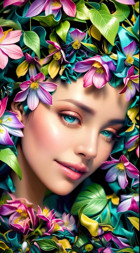 flores roxas cercam o rosto e os olhos de uma mulher, her face is a mauve flower, deusa flor, mulher nas flores, cor da pele roxa, Beautiful woman, cores vividamente bonitas, beleza natural, arte bonita, lindas cores vibrantes, !!beleza natural!!, Beautifu...