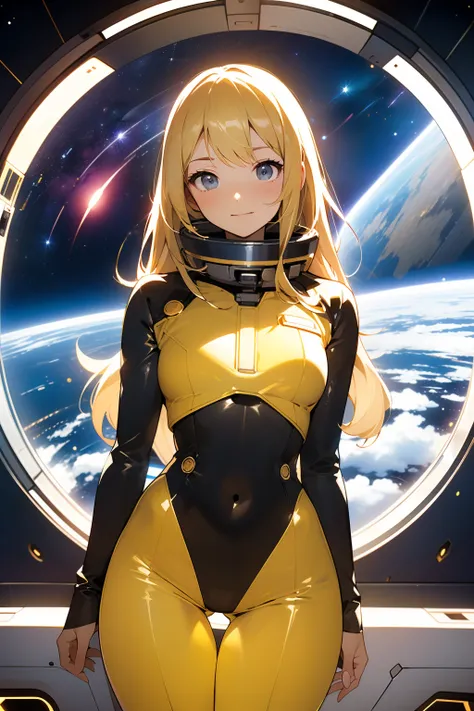 (masterpiece, best quality:1.2), (cowboy shot:1.1), solo, 1girl, mori yuki, slight smile, closed mouth, looking at viewer, blonde hair, thigh gap, yellow bodysuit, skin-tight, perfect body, sensual pose, belt, large window, (starship porthole:1.3), from fr...