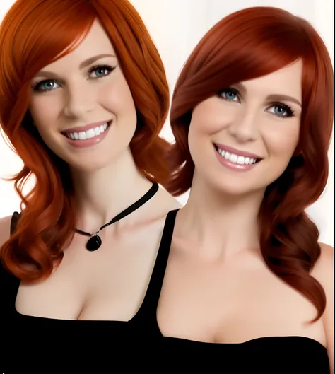 photo of 2heads, woman, close up, white skin, red hair, black dress, white background