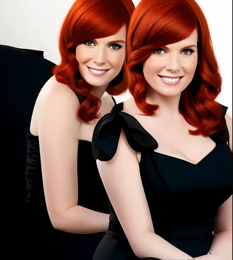 photo of 2heads, woman, close up, white skin, red hair, black dress, white background