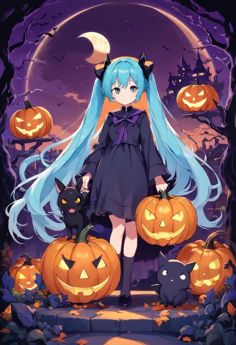 Halloween Elements, Digital Art:Twintails long light blue hair。miku hatsune、 Black bat, Spooky pumpkin ghost, Spooky Moon, Ghost Broom, Purple Line Witch Talking Hat, Spider with yellow and black stripes, Witchs Castle, Magic black background, Minimalistic...