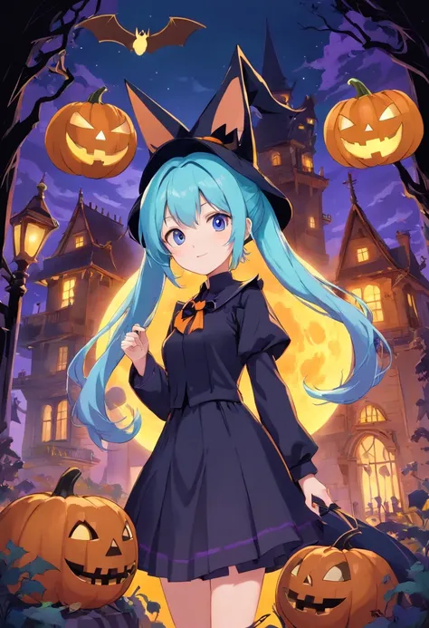 Halloween Elements, Digital Art:Twintails long light blue hair。miku hatsune、 Black bat, Spooky pumpkin ghost, Spooky Moon, Ghost Broom, Purple Line Witch Talking Hat, Spider with yellow and black stripes, Witchs Castle, Magic black background, Minimalistic...