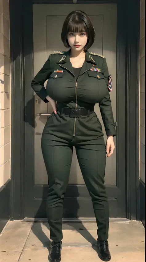 physically-based rendering, 1girl, Female soldier, (huge fake breasts:1.3), sexy muscular body, slim waist, (big buttocks:1.2), (Full body:1.5), front bangs short hair, skintight army suit, Dark green military uniform.