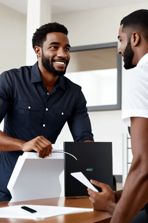 Homem negro chefe da empresa, delegating work to your white employees, imagem realistica,hd