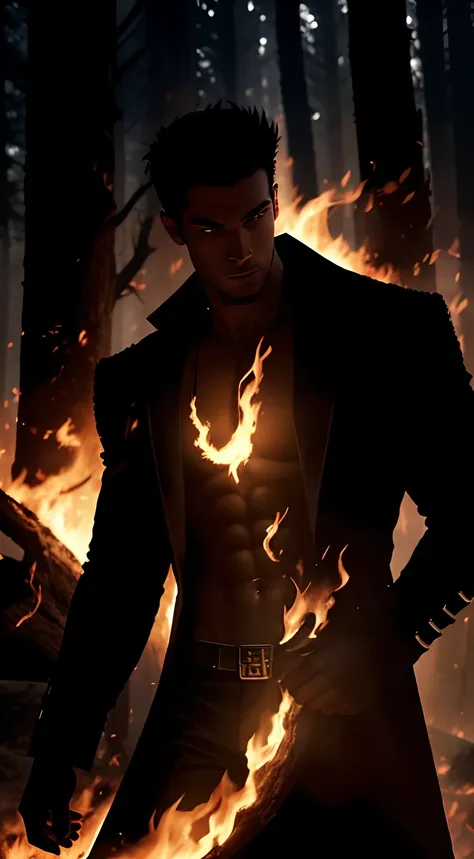 imaginar: closeup of a silhouette of a shirtless young villain, in black pants and black overcoat, his body imbued with fire and...