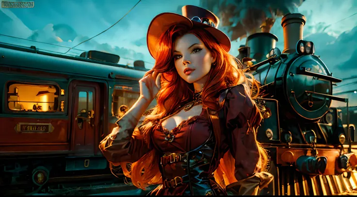 official art, dynamic angle, (ultra wide shot), RAW, photorealistic, ultra detailed, aesthetically pleasing, High quality, masterpiece, best quality, a woman red hair, beautiful face, green eyes, sexy pose, pinup art, wearing (steampunk medium length dark ...