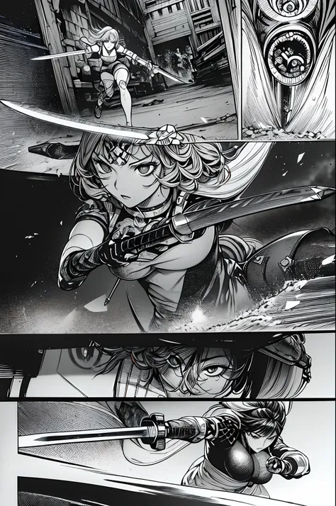 Comic storyboard:1.8, ((best quality),(((ultradetailed))).(((masterpiece))),illustration,young woman transforming into a fully armed female warrior, holding a long sword, fighting against monsters.